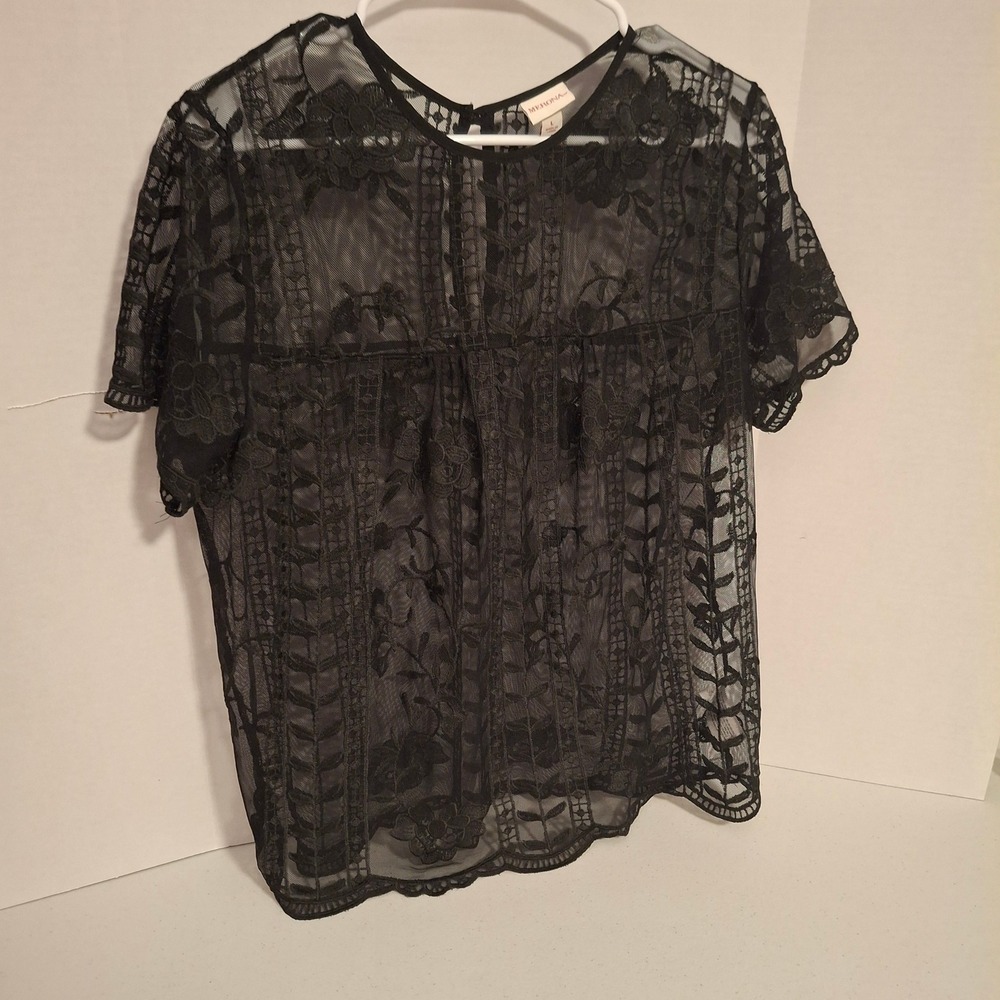 MERONA Black Lace Embroidered Short Sleeve Layering‎ Top Women's Size L